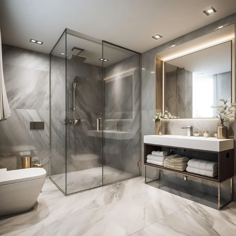 large shower with a mirror next to it, luxury materials used